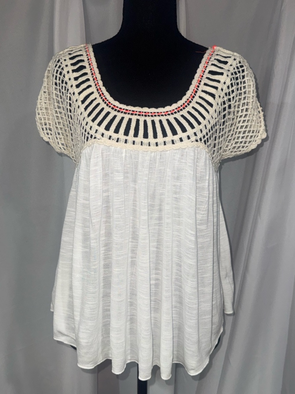American Eagle Outfitters White Crochet Yoke Tunic with Coral Accents